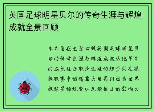 英国足球明星贝尔的传奇生涯与辉煌成就全景回顾