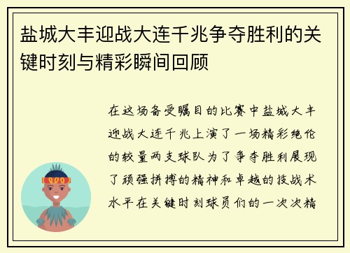 盐城大丰迎战大连千兆争夺胜利的关键时刻与精彩瞬间回顾